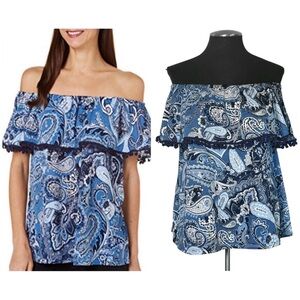 ECI New York - Paisley Off-Shoulder Pom-Pom Top – Small